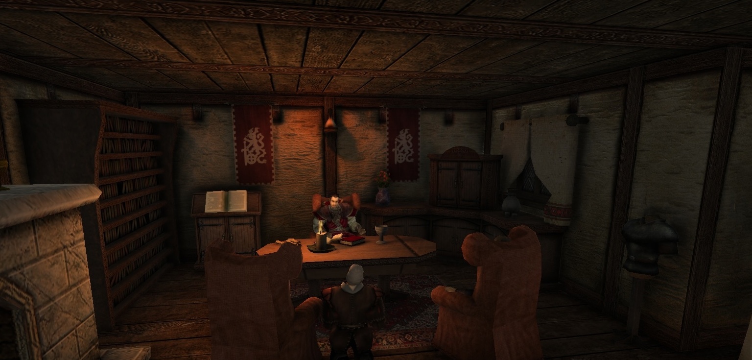 Два игрока обсуждают планы у костра в Gothic Chronicles